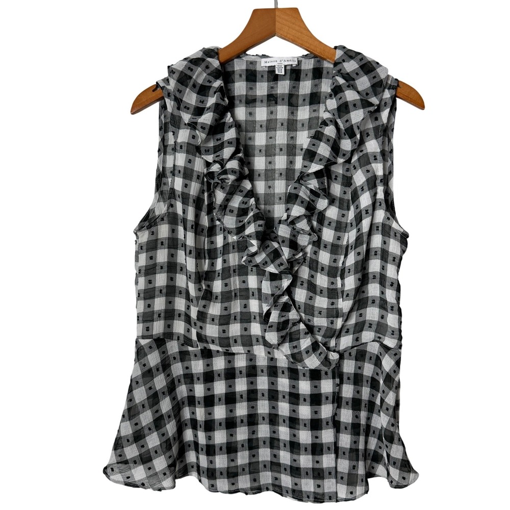 Maison D Amelie Black White Gingham Ruffle Peplum Faux Wrap Top Womens Medium